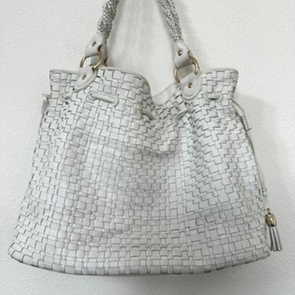 Elliott Lucca White Woven Leather Tote Boho Cottage Minimalist Neutral Coastal - Picture 10 of 11